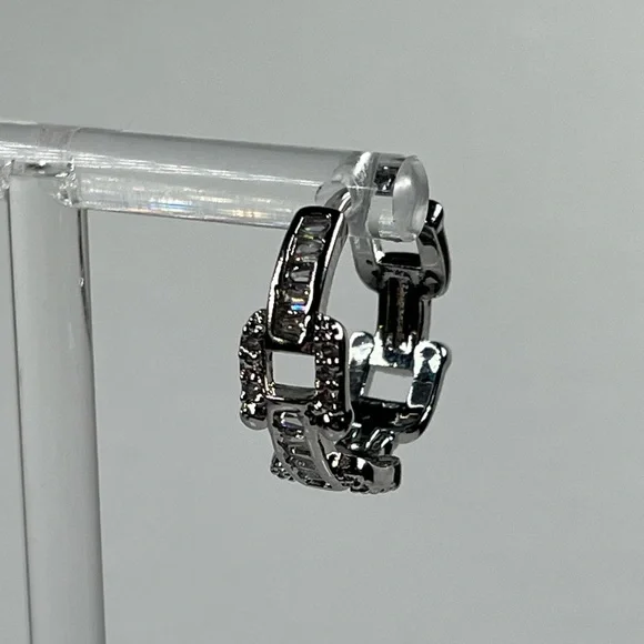 White Gold Plated Clear CZ Huggie Hoop Earrings - Picture 3 of 8